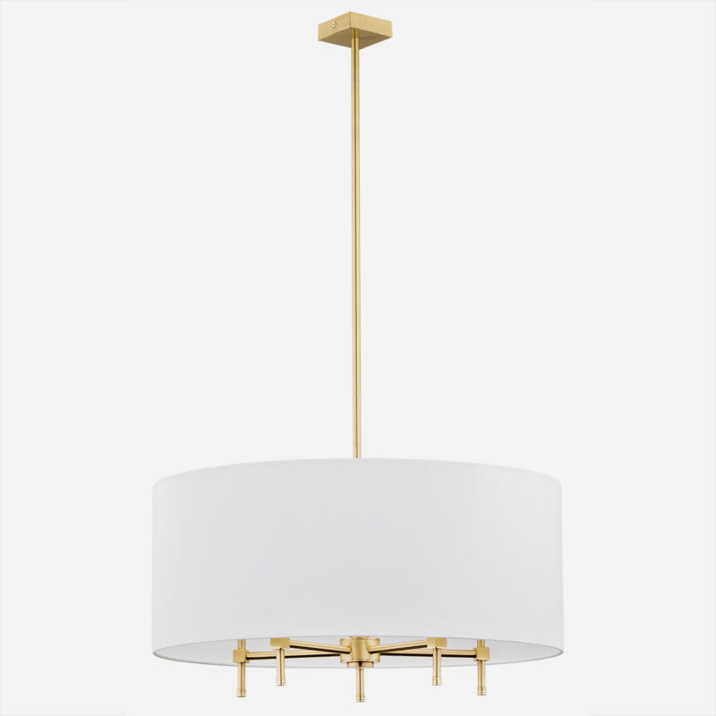 White Abano drum chandelier showing complete structure with brass ceiling plate and five arms.