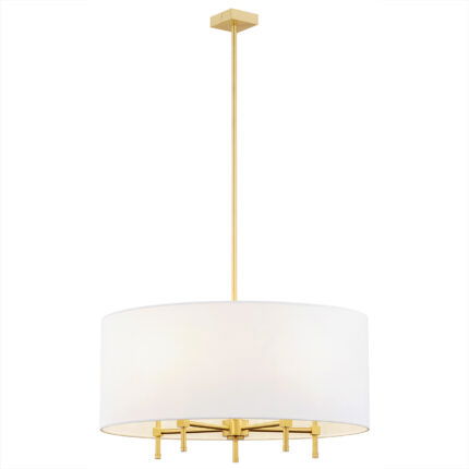 White Abano drum chandelier with brushed brass ceiling mount and five extending arms.