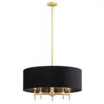 Abano Drum Chandelier, 5 Lamps, Brushed Brass, Round Black Lampshade, 60cm