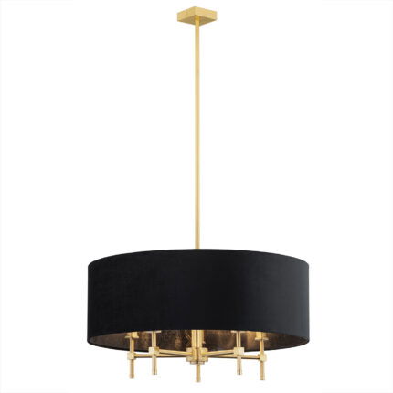 Black drum chandelier with brushed brass arms and ceiling rod showing five light configuration.