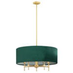 Abano Drum Chandelier, 5 Lights, Brushed Brass, Round Velvet Green Shade, 60cm