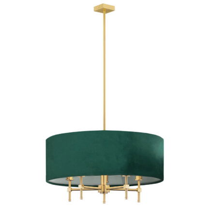 Green velvet drum chandelier with brushed brass 5-arm light fitting and ceiling suspension rod.