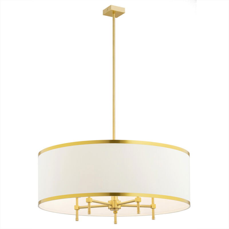 Cream drum chandelier with five brushed brass arms and gold trim bands.