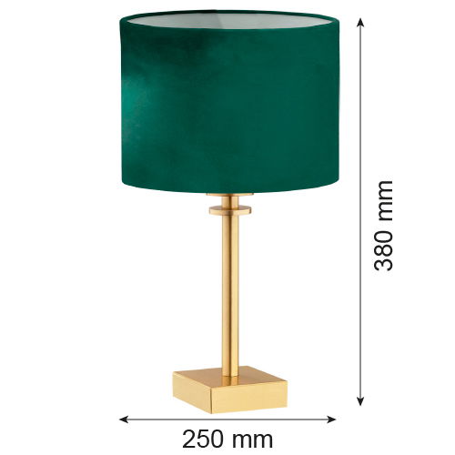 Technical drawing of green shade table lamp showing 380mm height and 250mm width dimensions.
