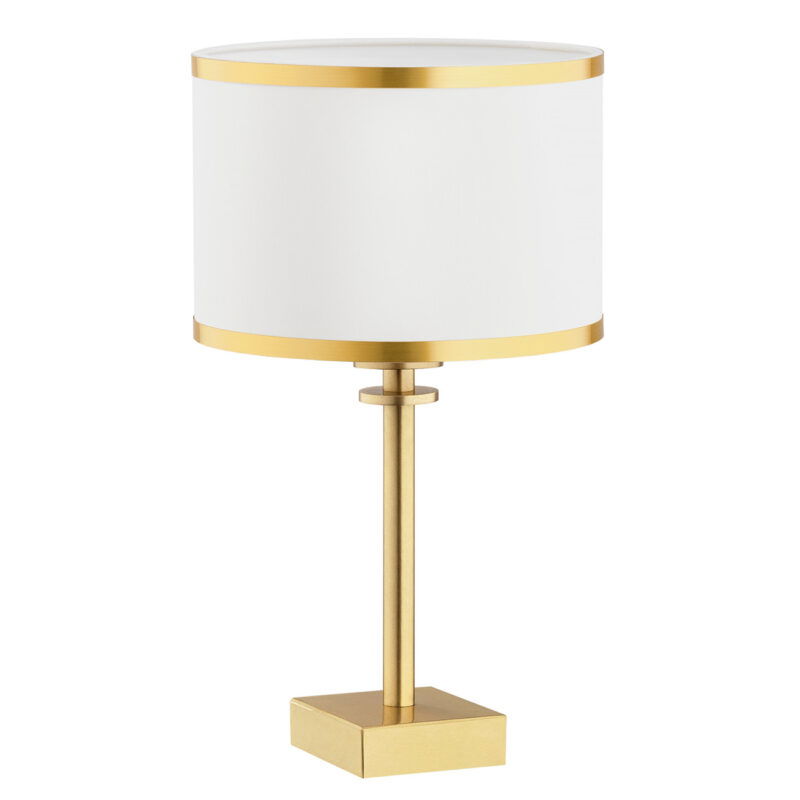 Cream Abano table lamp showing gold trim bands and brushed brass pole.