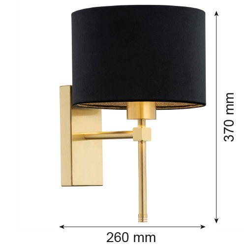 Technical drawing of black and brass wall light showing 370mm height and 260mm projection dimensions.