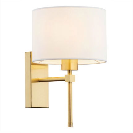 White Abano wall lamp with brushed brass mount and extending arm.