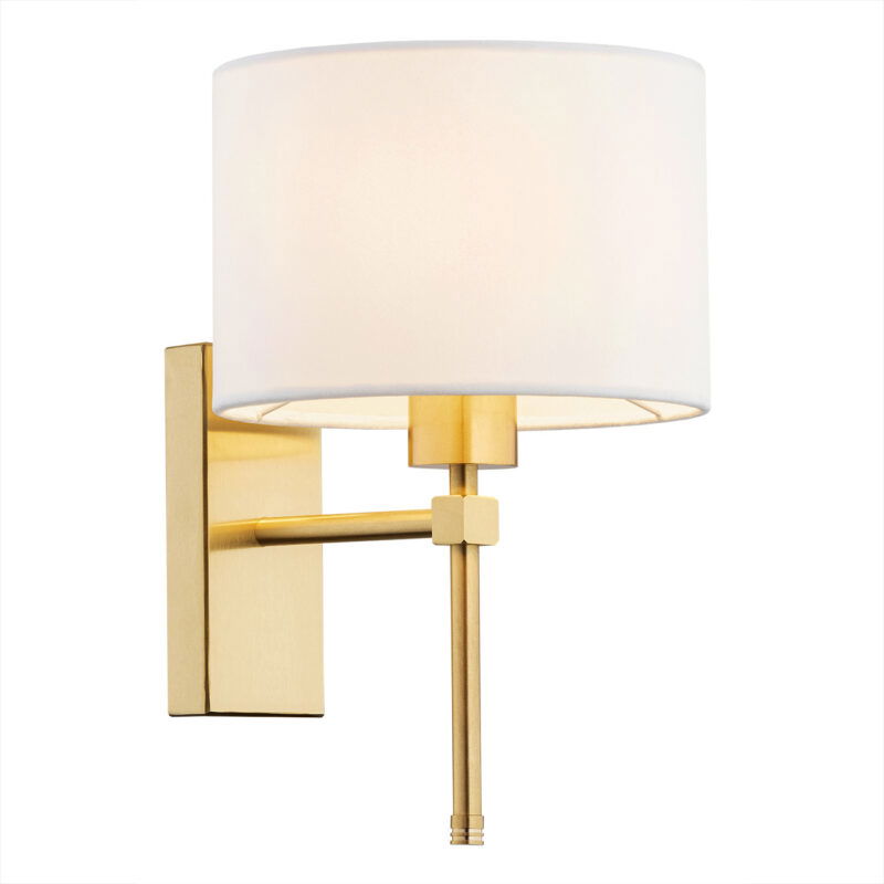 White Abano wall lamp with brushed brass mount and extending arm.