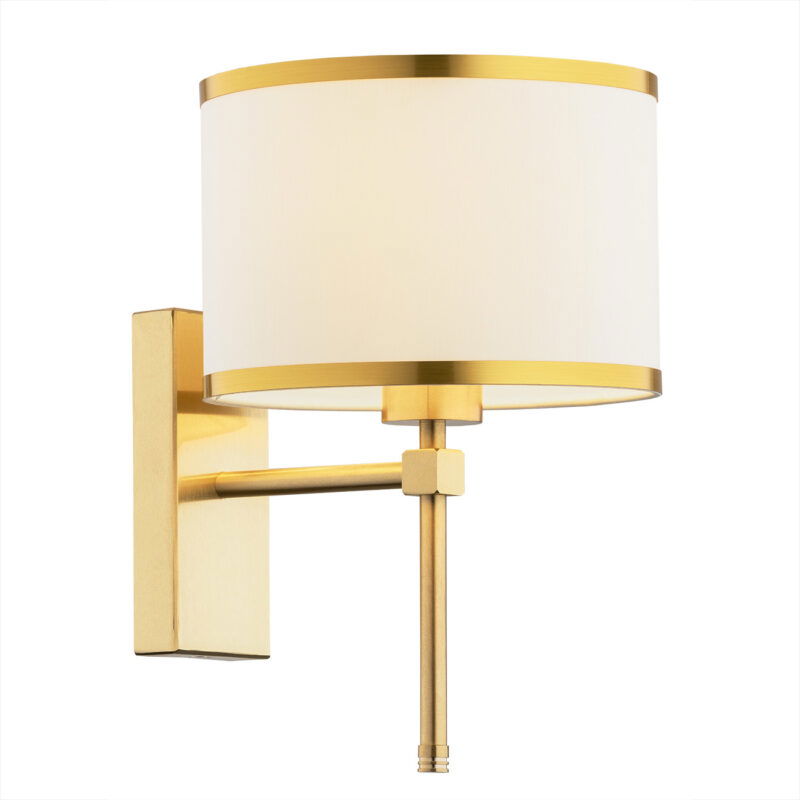 Cream drum shade wall light with brushed brass arm and gold trim bands.