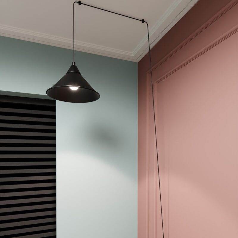 Abrim black pendant light with cone shade in modern bedroom corner.