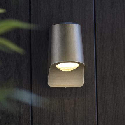Detailed front and slight side view of the silver-finished Pewter Helix LED Outdoor Wall Light.