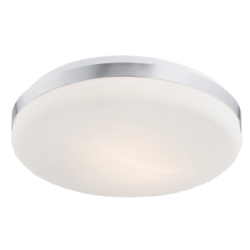 Alado flush ceiling light with chrome rim and opal glass diffuser.
