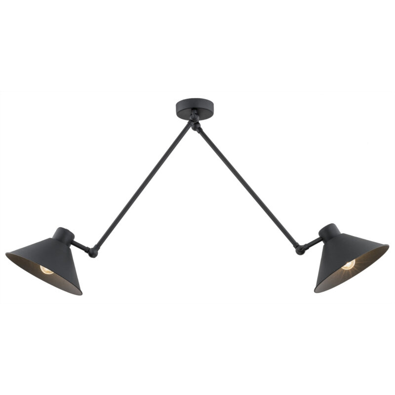 Black Alea 2-arm ceiling light with conical shades, 133cm width.