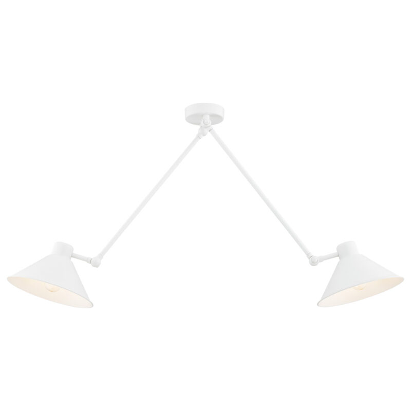 White Alea 2-arm ceiling light with conical shades, 133cm width.