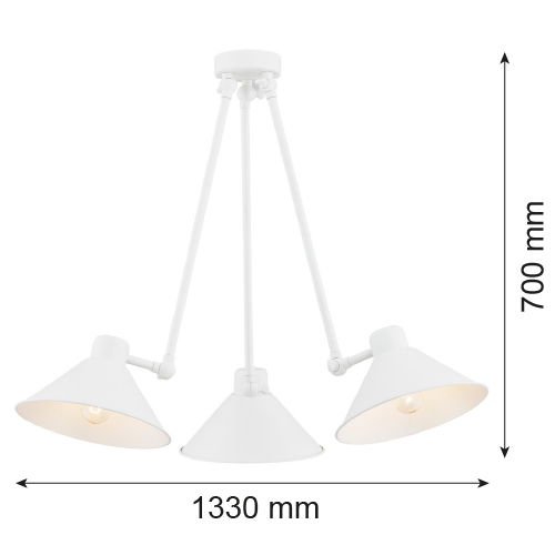 Front view of white Alea 3-arm ceiling light with adjustable joints.