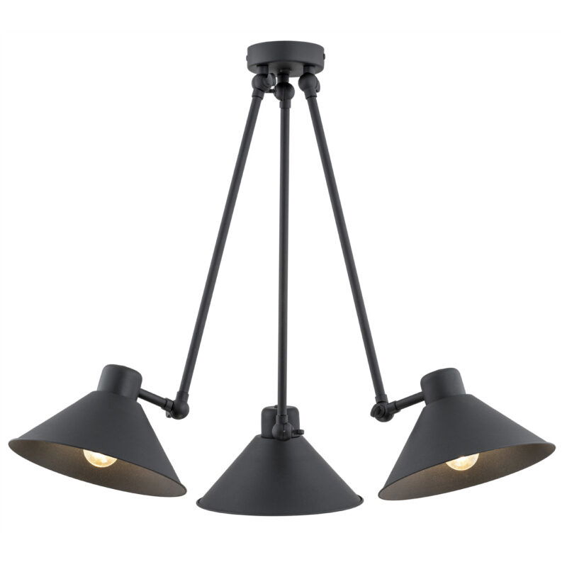 Black Alea 3-arm ceiling light with conical shades, 133cm width.