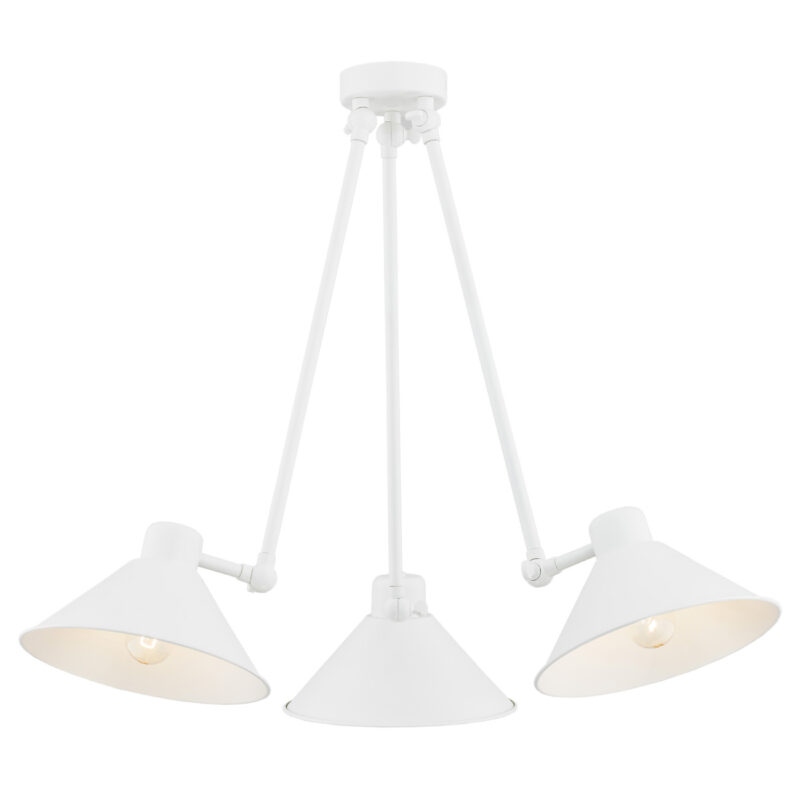 White Alea 3-arm ceiling light with conical shades, 133cm width.