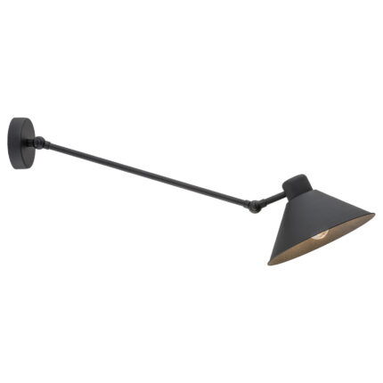 Black Alea wall lamp with adjustable arm and conical shade, 70cm reach.