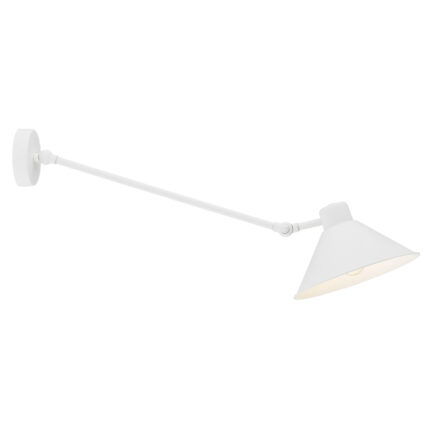 White Alea wall lamp with adjustable arm and conical shade, 70cm reach, downward light.