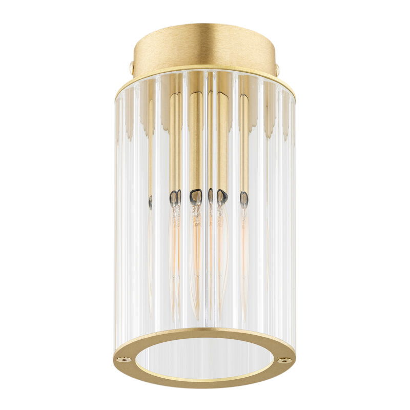 Unlit view of a brass single brass ceiling light with ribbed glass.