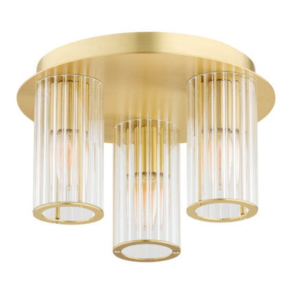 Flush ceiling light with 3 ribbed glass shades switched off.