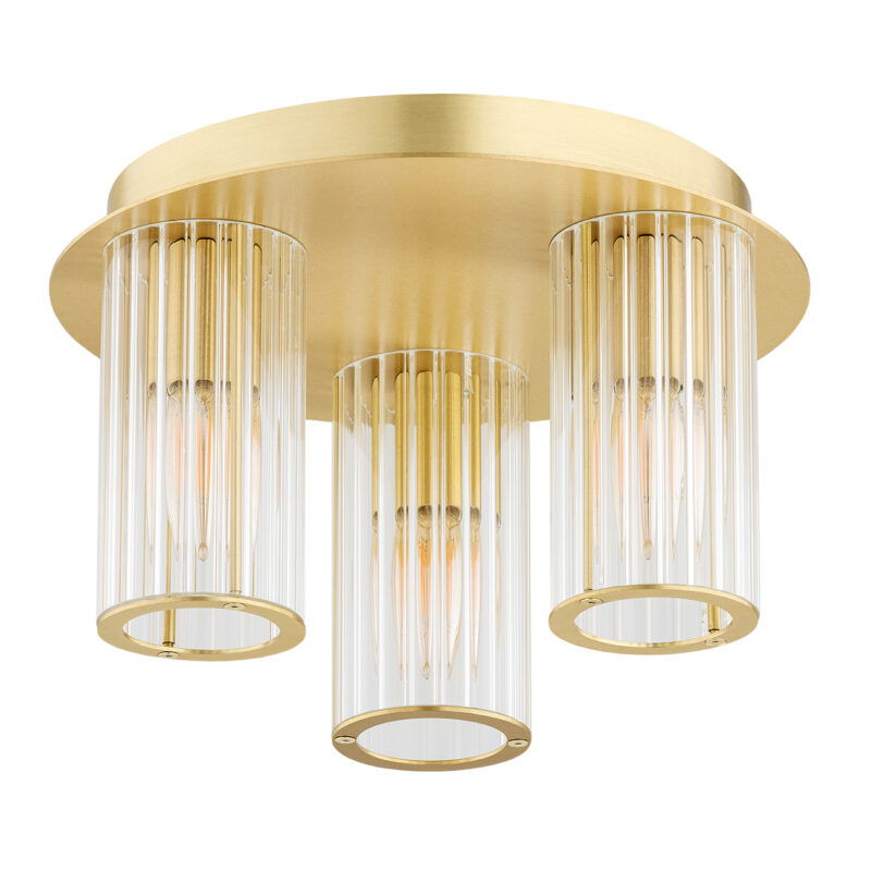 Flush ceiling light with 3 ribbed glass shades switched off.