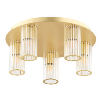 View of a 5 light flush ceiling light with glass shades switched off.
