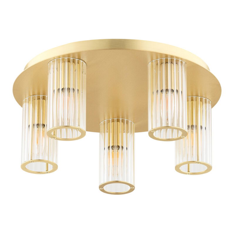 View of a 5 light flush ceiling light with glass shades switched off.