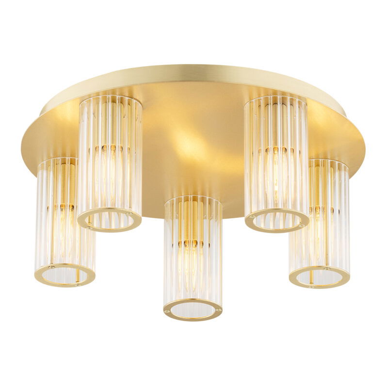 Illuminated view of a round flush brass ceiling light with glass shades.
