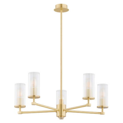 5 lamp chandelier with brushed brass finish with light bulbs off.