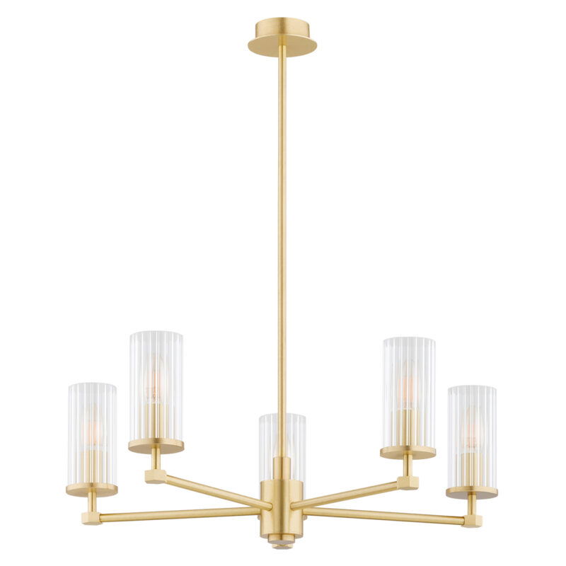 5 lamp chandelier with brushed brass finish with light bulbs off.