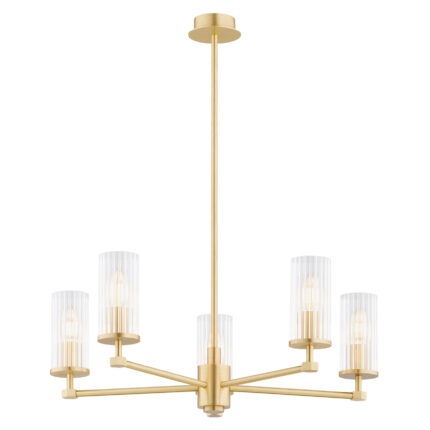 View of a 5 arm chandelier with ribbed glass shades and the light bulbs on.