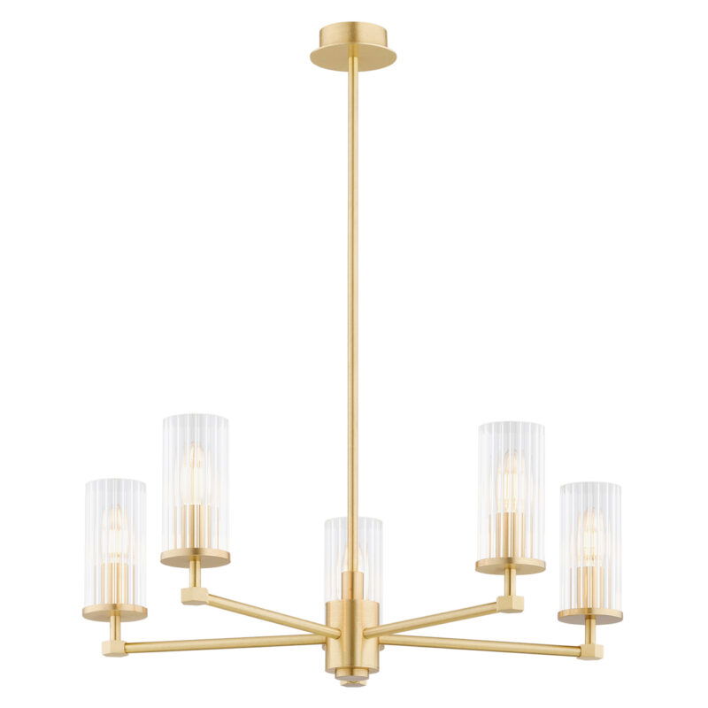 View of a 5 arm chandelier with ribbed glass shades and the light bulbs on.