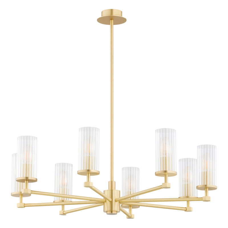 Large eight light brass chandelier with ribbed glass shades.