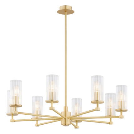 Full view of a lit brass chandelier with eight lights.