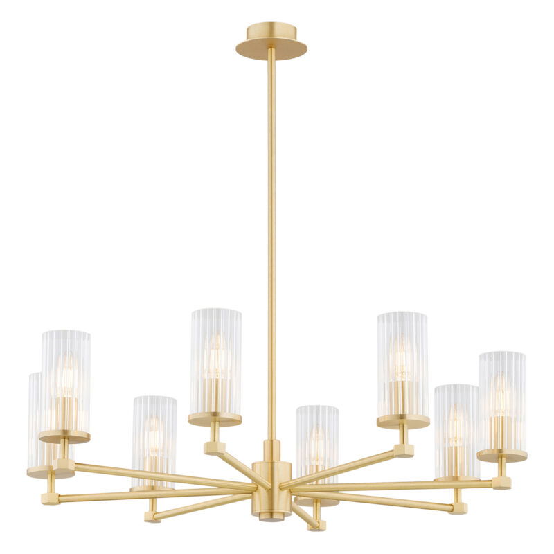 Full view of a lit brass chandelier with eight lights.