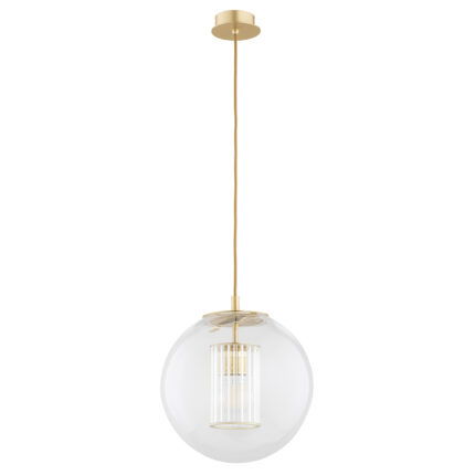 Unlit view of a single pendant lamp with round clear glass shade and inner ribbed shade.