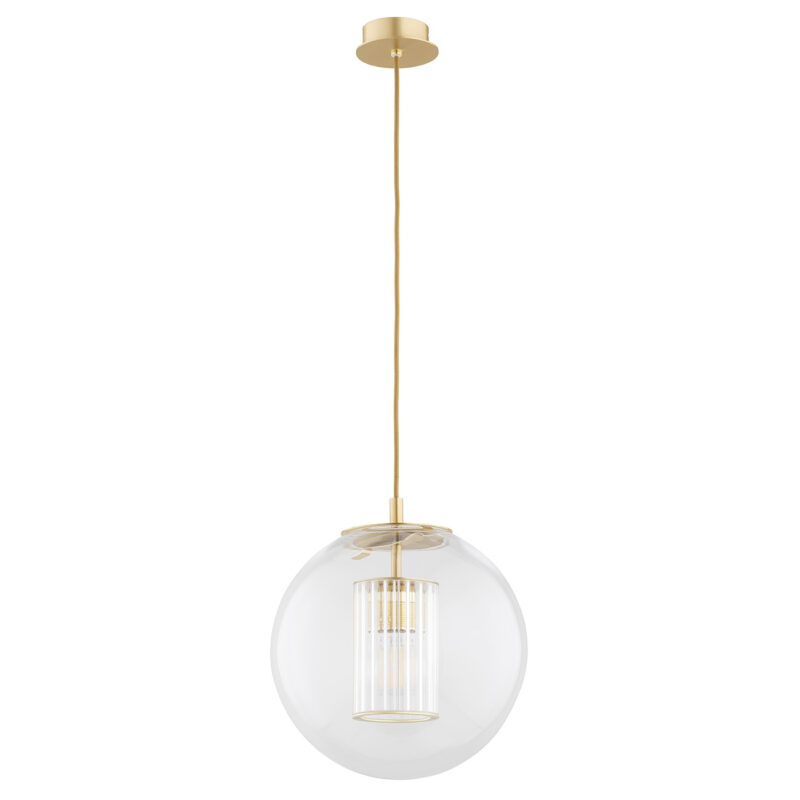 Unlit view of a single pendant lamp with round clear glass shade and inner ribbed shade.