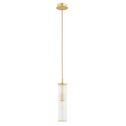 Unlit view of a ribbed glass pendant lamp with brass details.