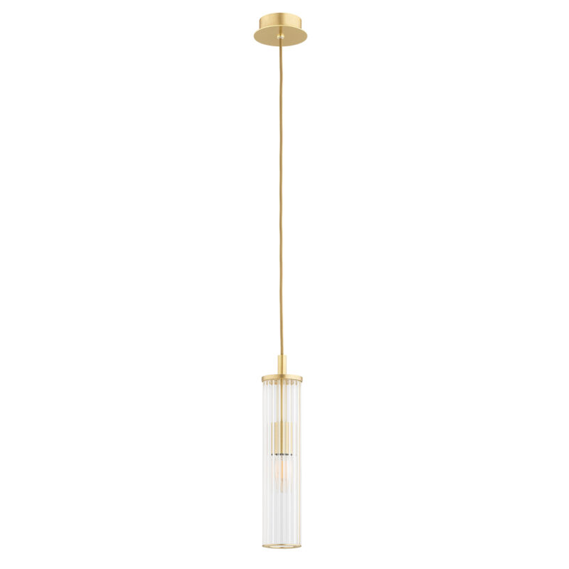 Unlit view of a ribbed glass pendant lamp with brass details.