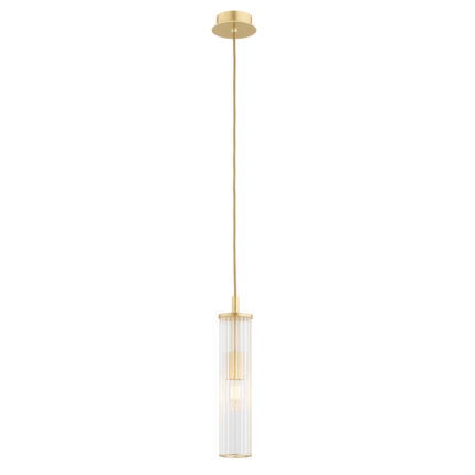 Long thin cylinder glass on a brass pendant light with light bulb on.