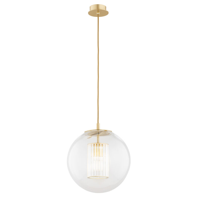 Single pendant light with clear glass shade and inner ribbed glass shade in brass.