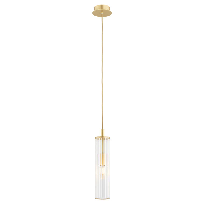 Long thin cylinder glass on a brass pendant light with light bulb on.