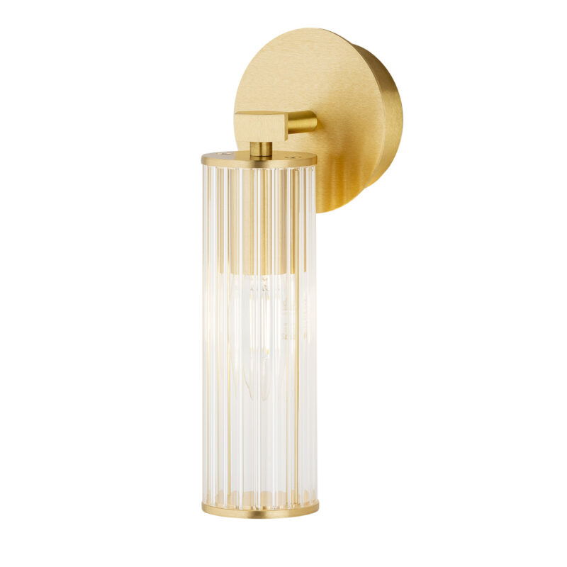 Brass wall light with ribbed glass shade facing downwards