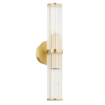 Up and down direction brass wall light with clear glass shades with the light bulbs off.