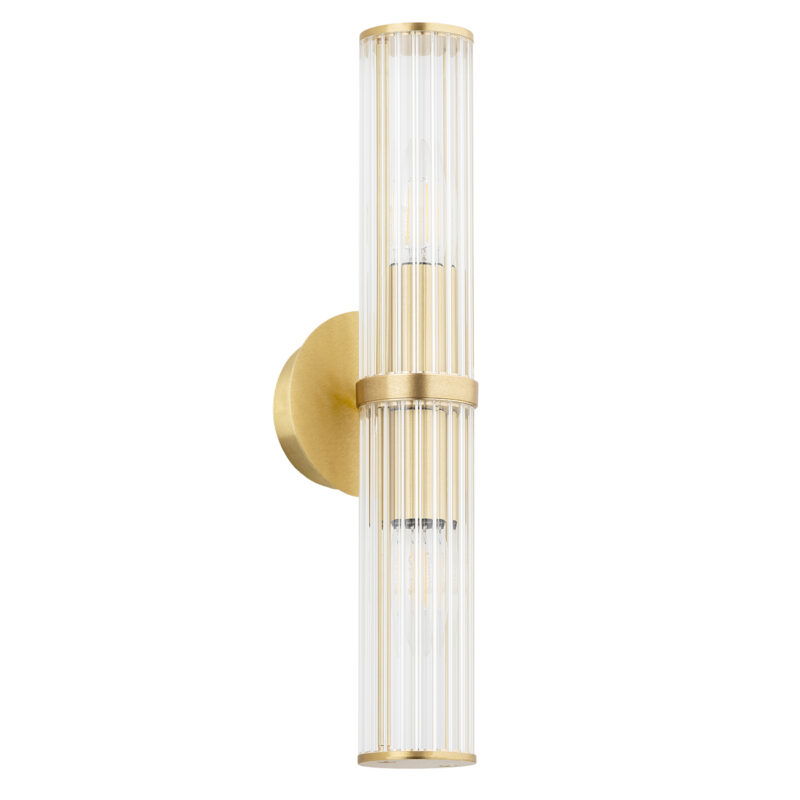 Up and down direction brass wall light with clear glass shades with the light bulbs off.