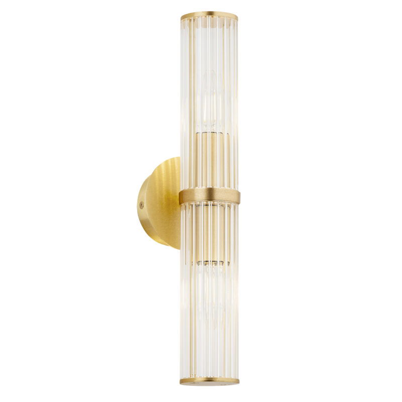 Up and down 2 light brass wall light shown with light bulbs on.