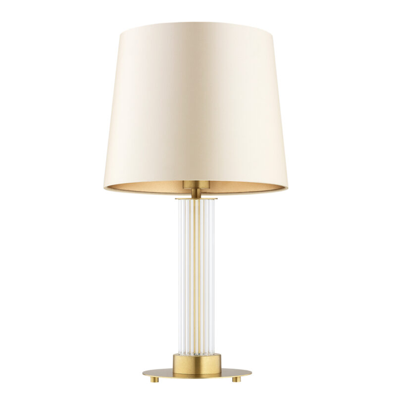 Glass table lamp with beige fabric lampshade switched off.