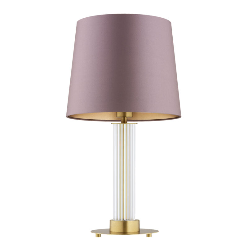 Glass table lamp with pink shade with light bulb off.