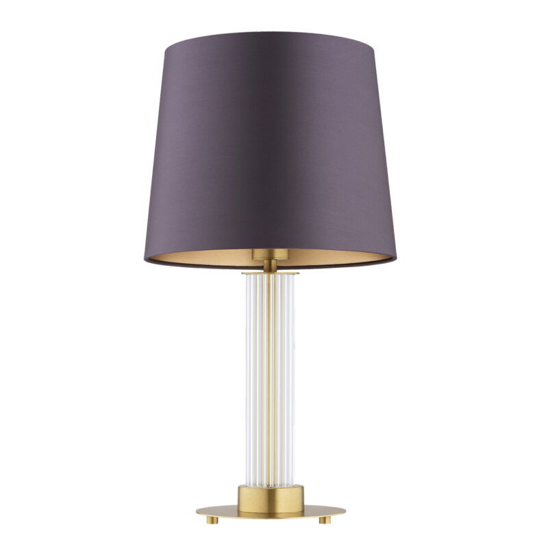 Glass table lamp with purple lampshade turned off.